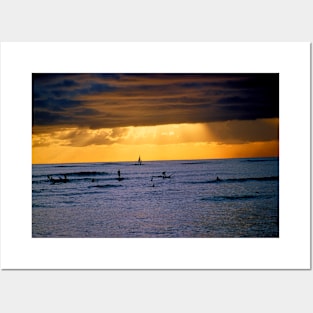 Surfers Sailboat Hawaii 1965 Sunrise Sunset Posters and Art